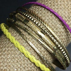 Bangle Bracelet Lot Of 7 Neon Yellow Purple Enamel Gold Textured Retro BoHo